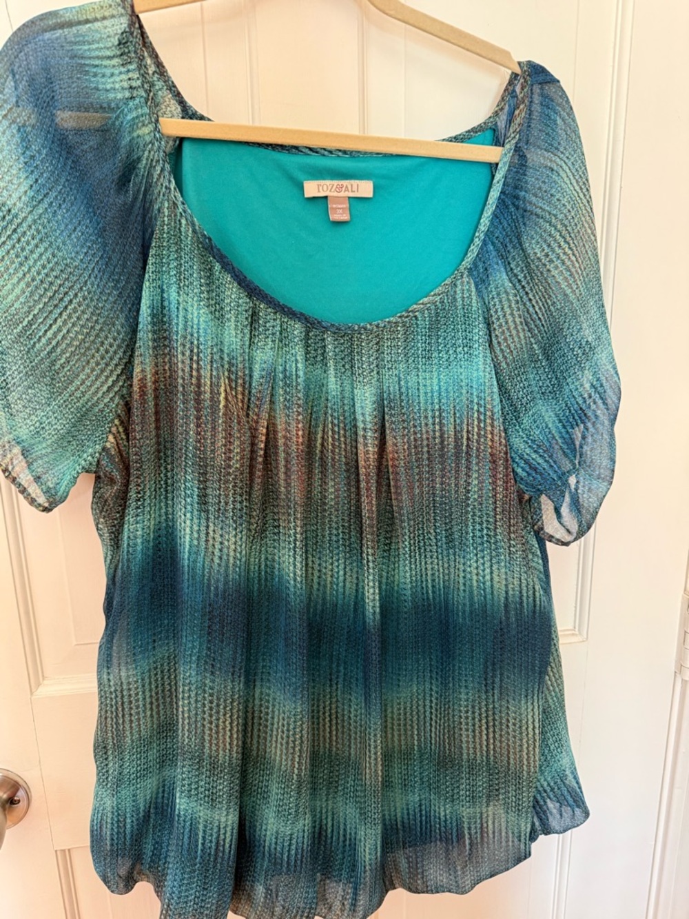 Roz & Ali Teal Blue Pleated Short Sleeve Women's Top- size 3X- measure 25 x 26”
